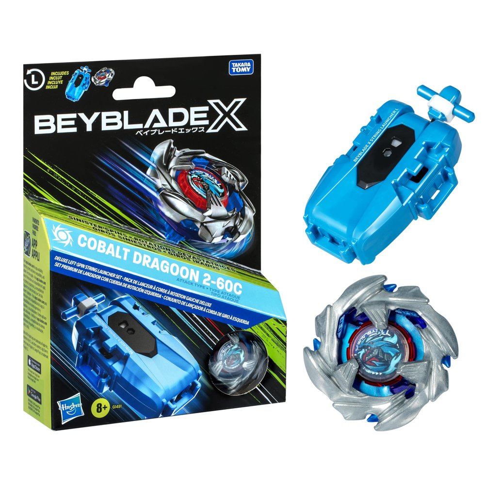 Beyblade X Cobalt Dragoon 2-60C Deluxe Left-Spin String Launcher Set with Attack Type Top Left-Spinning Top Toy; Great Gift for 8 Year Old Boys and Girls