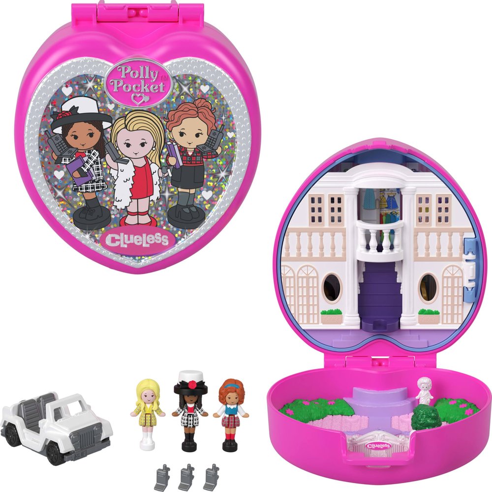 Polly Pocket x Clueless Collector Compact, Micro Dolls and Playset, 5 Themed Accessories Including Toy Car, Cher, Dionne, & Tai