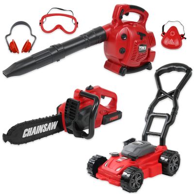 Kids Leaf Blower, Toy Chainsaw, and Lawn Mower Set | Realistic Toddler Landscaping Power Tools with Sound and Action | Includes Safety Goggles Mask and Earmuffs