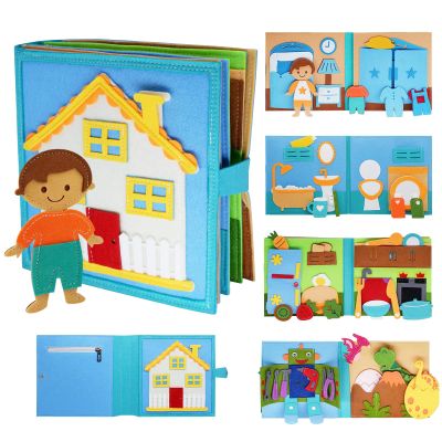 Daily Life of Boys Busy Book for Toddlers,Montessori Busy Books,Preschool Felt Busy Quiet Book Learning Life Skills,House Pretend Play Dress UP Game,Montessori Toys for 3 4 5 Years Autism Sensory