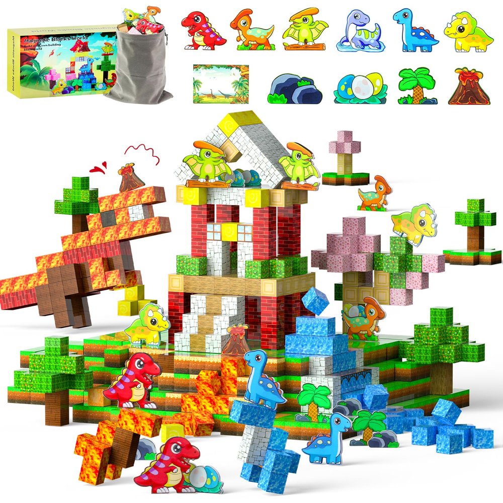 suihuooo 110PCS Dinosaur Toys Magnetic Cubes for Kids, Magnetic Building Blocks for Kids Ages 4-8 8-12, Magnet Blocks Classroom Must Haves Sensory Construction Toys for Boys Girls Gifts