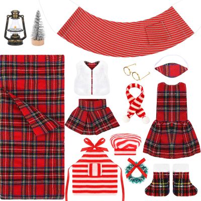 UPINS 14 Pcs Christmas Elf Doll Accessories Set with Christmas Sleeping Bag Plaid Skirt Apron and Chef Hat Glasses Scarf Hammock Xmas Accessory for Doll Decorations Costume Outfits