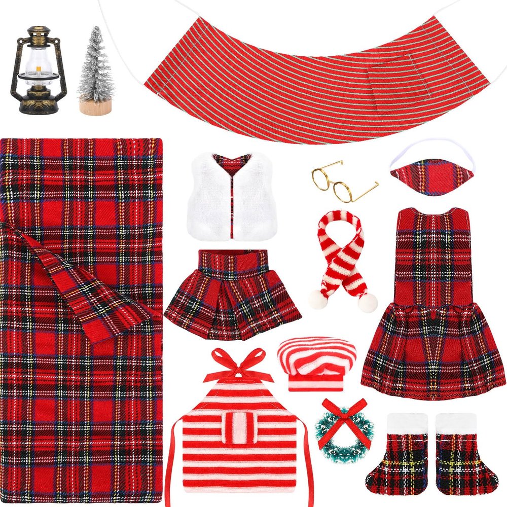 UPINS 14 Pcs Christmas Elf Doll Accessories Set with Christmas Sleeping Bag Plaid Skirt Apron and Chef Hat Glasses Scarf Hammock Xmas Accessory for Doll Decorations Costume Outfits