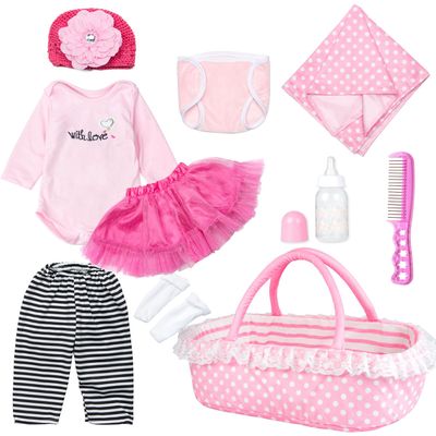 10 Pcs Reborn Baby Doll Clothes Girl with Bassinet Accessories, Newborn Doll Pink Outfit 17-22 Inch Tulle Skirt & Blanket