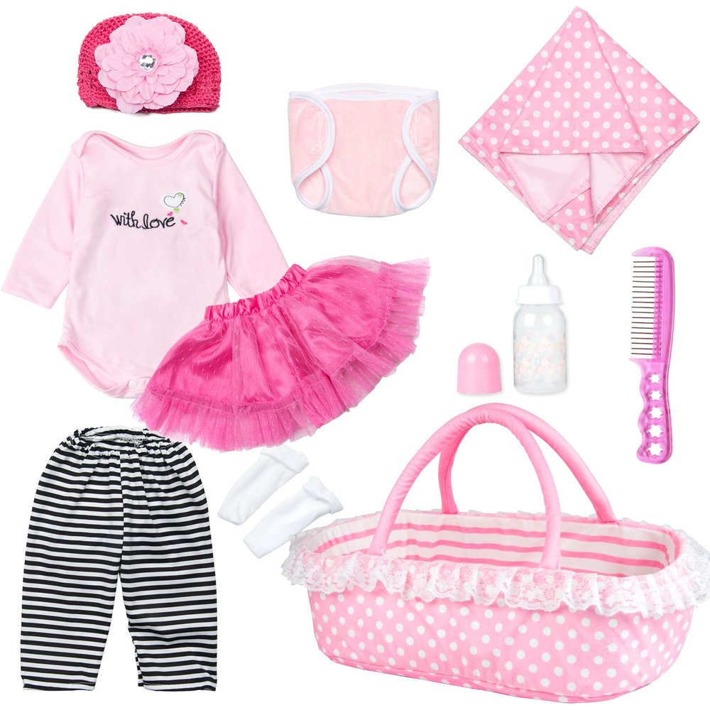 10 Pcs Reborn Baby Doll Clothes Girl with Bassinet Accessories, Newborn Doll Pink Outfit 17-22 Inch Tulle Skirt & Blanket