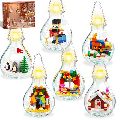 6 Pack Christmas Tree Bulb Ornament with Light Building Set, Including Gingerbread House, Penguin House, Christmas House, Fireplace, Nutcracker, Reindeer, Stocking Stuffer Toy Gifts for Kids.(405PCS)