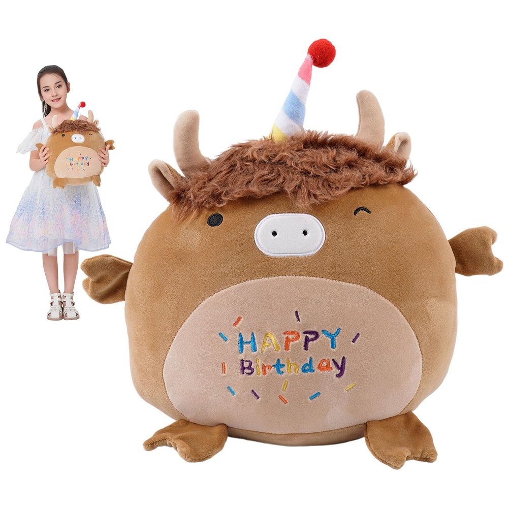 17 Inch Happy Birthday Highland Cow Plush Hugging Pillow - Cute Animal Plushies Toys, Brown Fluffy Scottish Cow Stuffed Animals Gift for Kids and Lovers