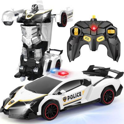 Getatoy Remote Control Car Transformer Toys for Boy 4-6 Years Old: One-Button Transforming Police Car with LED Light & 360 Rotation Drifting 2.4 Ghz Robot RC Car Christmas Birthday Gift Idea for Kids
