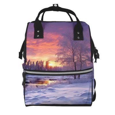 JTRKN Diaper Bag Backpack Winter Landscape Printing Large Capacity Diaper Backpack Large Unisex Diaper Bags Multi-Function Travel Diaper Bag Backpack For Mom,Outdoor,Travel, Black