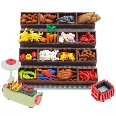 AUSEM 188 pcs City-Food-Supermarket-Kitchen-Restaurant Building Blocks Set, Hotdog-Stall-Ice-Cream-Cupcakes,Turkey-Banana-Carrot,Bread-Handcart-Fish-Crab