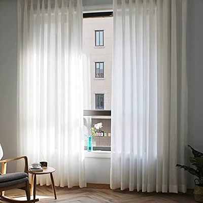 HooHero White Modern Linen Window Treatments 50 Wide Sheer Curtains Kids Living Room Solid Cross Gauze Voile Liner Curtain