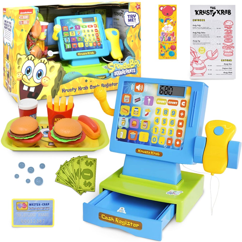 SPONGEBOB SQUAREPANTS Pretend Play Cash Register Toy with Sounds and Lights for Kids Krusty Krab Play Scanner and Fake Food for Boys Girls Toddlers