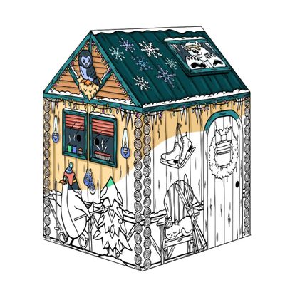 Bankers Box at Play Large Color in Winter Cottage Playhouse, Cardboard Playhouse and Life Size Craft Activity for Kids and Families