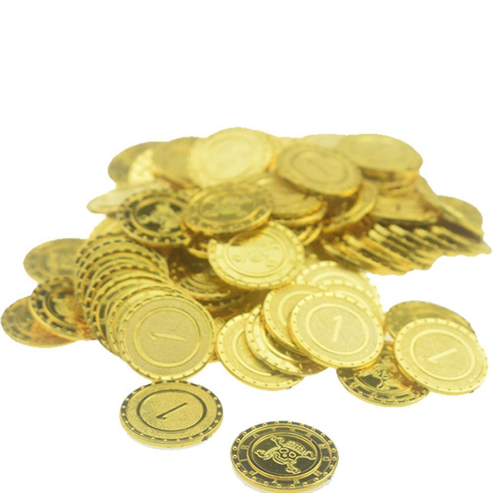 100 Gold Treasure Coins, Pirate 2.5cm Plastic, Lightweight Game Props for Halloween Party, Playing with Friends, Joyful Life (Gold)