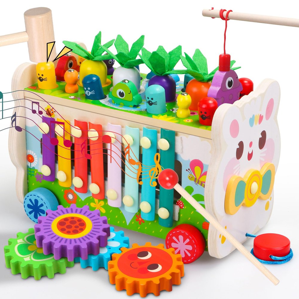 Teekdeer 9 in 1 Montessori Toys for 1 Year Old, Wooden Hammering Pounding Toy Game with Xylophone for Toddlers 1-3, Gears and Carrot Harvest,1 Year Old Girl Birthday Gifts, Learing Toys for Babies