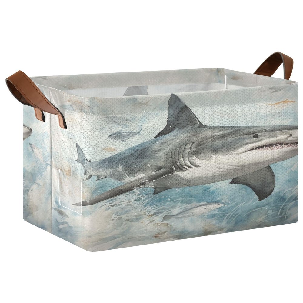 ALAZA Shark Flying Rectangular Closet Storage Box Storage Bin Basket Storage Cube with Leather Handles Nursery Storage Laundry Hamper 2 Piece
