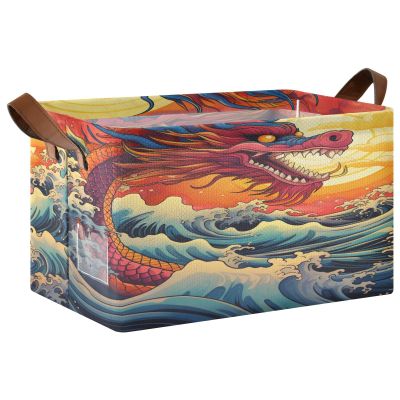 ALAZA Chinese Dragon Ocean Wave Artwork Rectangular Closet Storage Box Storage Bin Basket Storage Cube with Leather Handles Nursery Storage Laundry Hamper 2 Piece