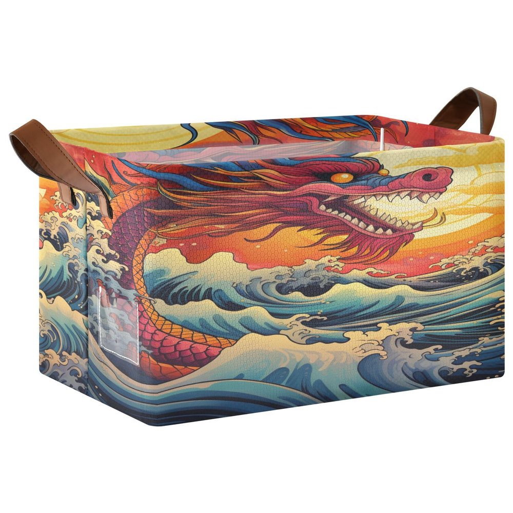 ALAZA Chinese Dragon Ocean Wave Artwork Rectangular Closet Storage Box Storage Bin Basket Storage Cube with Leather Handles Nursery Storage Laundry Hamper 2 Piece