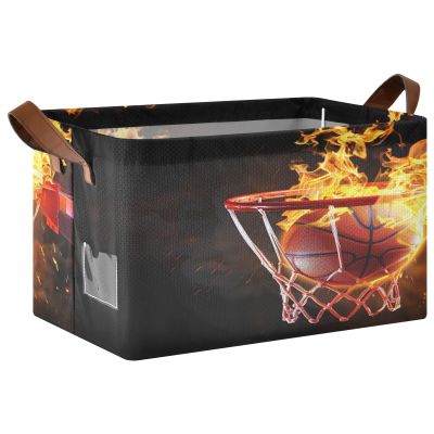 ALAZA Yellow Fire Basketball Sport Rectangular Closet Storage Box Storage Bin Basket Storage Cube with Leather Handles Nursery Storage Laundry Hamper 2 Piece
