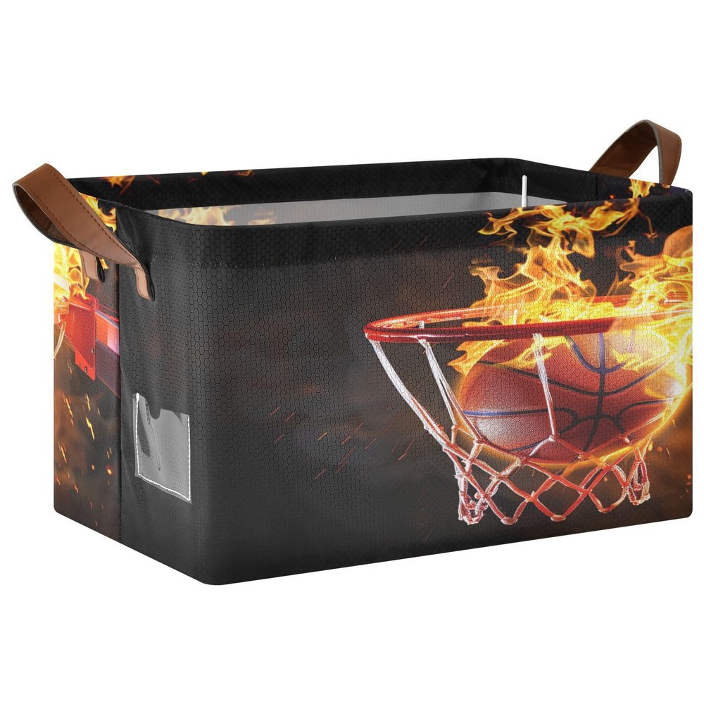 ALAZA Yellow Fire Basketball Sport Rectangular Closet Storage Box Storage Bin Basket Storage Cube with Leather Handles Nursery Storage Laundry Hamper 2 Piece