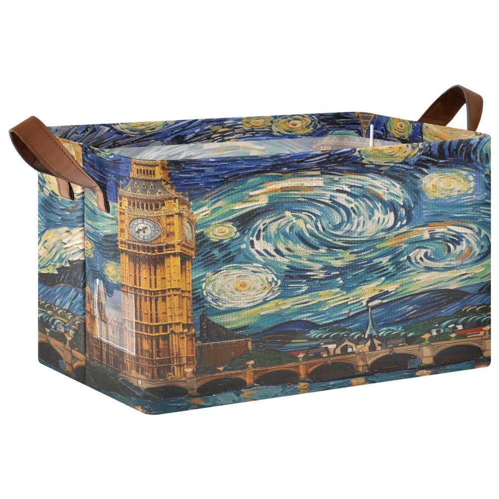 ALAZA Starry Sky Big Ben Rectangular Closet Storage Box Storage Bin Basket Storage Cube with Leather Handles Nursery Storage Laundry Hamper 2 Piece