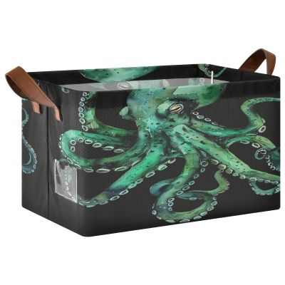 ALAZA Watercolor Green Fish Black Rectangular Closet Storage Box Storage Bin Basket Storage Cube with Leather Handles Nursery Storage Laundry Hamper 2 Piece