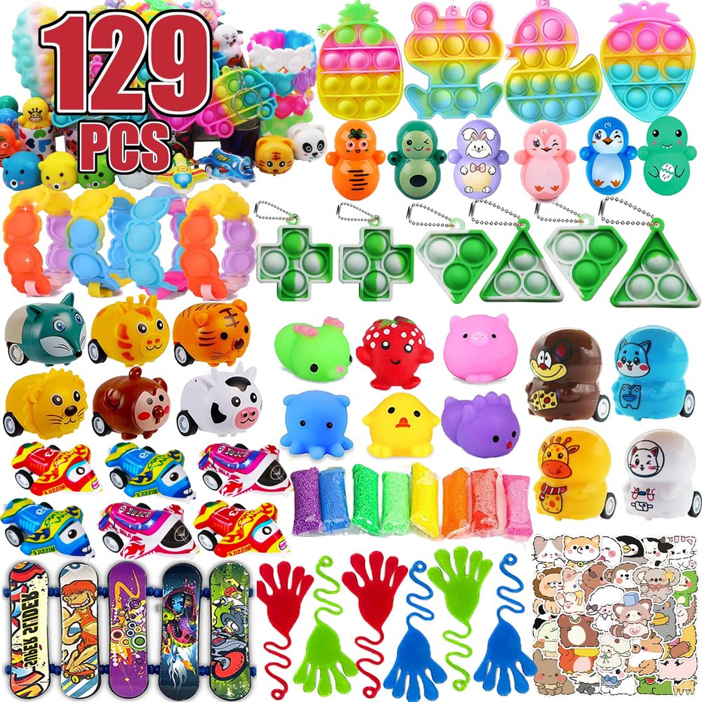 129 PCS Valentines Day Gifts Party Favors for Kids Classroom Prizes, Pop Fidget Treasure Box Toys, Pinata Filler Goodie Bag Stuffers, Treasure Chest, Carnival Prize Box Exchange Toys for Boys Girls