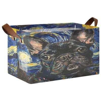 ALAZA Cute Bulldog Starry Sky Oil Painting Rectangular Closet Storage Box Storage Bin Basket Storage Cube with Leather Handles Nursery Storage Laundry Hamper 2 Piece