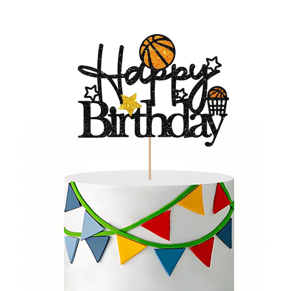 Basketball Happy Birthday Cake Topper, Basketball Cake Topper for Boy Birthday, Black Glitter Basket ball Cake Decor for Sport Themed Baby Shower/Birthday Party Decoration