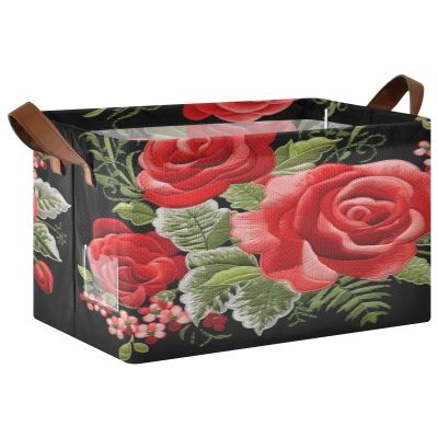 ALAZA Rose Flower on Black Floral Rectangular Closet Storage Box Storage Bin Basket Storage Cube with Leather Handles Nursery Storage Laundry Hamper 2 Piece