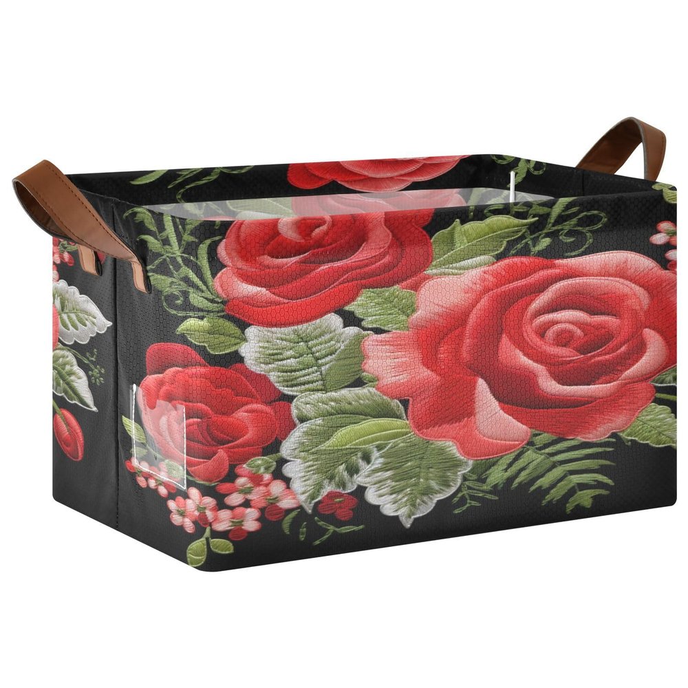 ALAZA Rose Flower on Black Floral Rectangular Closet Storage Box Storage Bin Basket Storage Cube with Leather Handles Nursery Storage Laundry Hamper 2 Piece