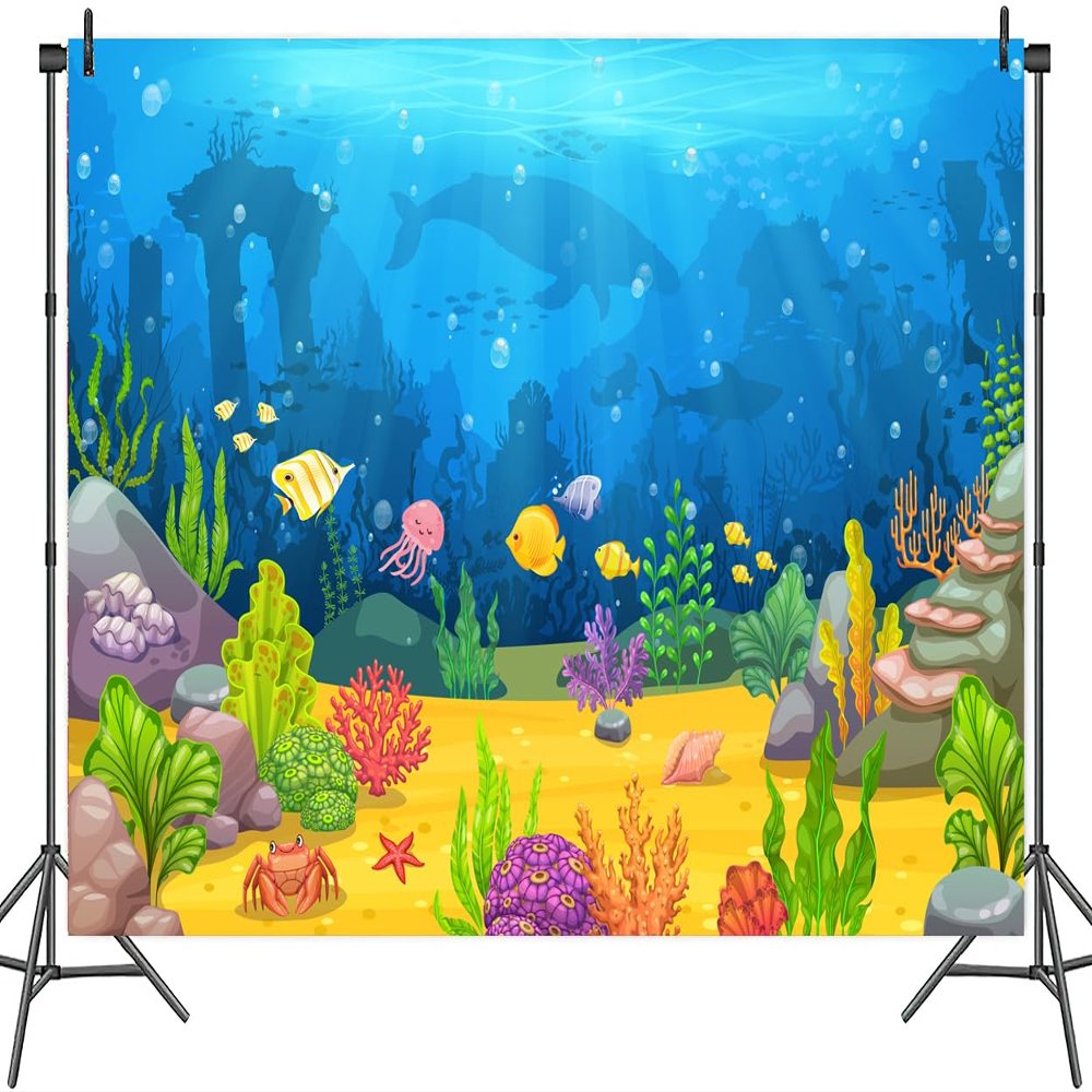 10x8ft Ocean Under The Sea Backdrop Cartoon Underwater World Wonderland Blue Seabed Coral Reef Cute Tropical Fish Sunshine Background Kids Baby Shower Birthday Party Decor Banner Photo Booth Props
