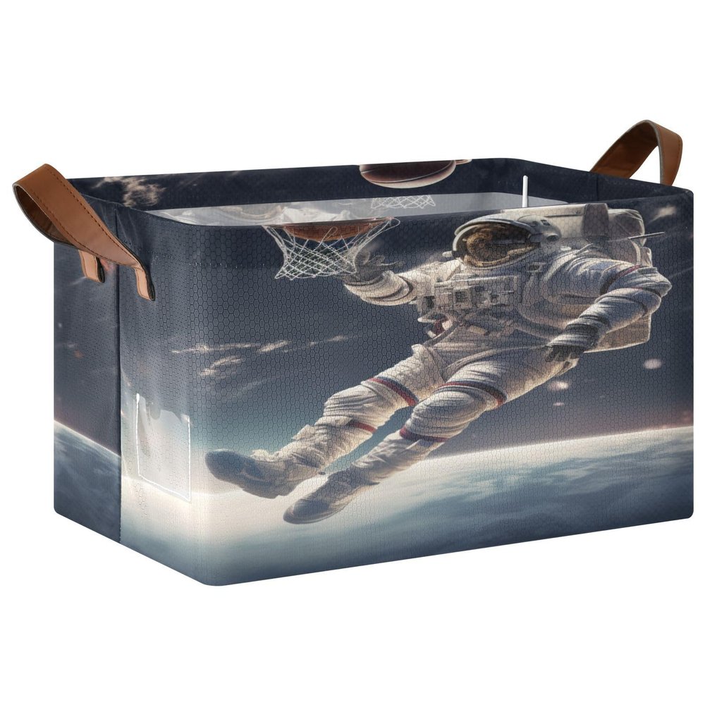 ALAZA Basketball Ball Astronaut Space Rectangular Closet Storage Box Storage Bin Basket Storage Cube with Leather Handles Nursery Storage Laundry Hamper 2 Piece