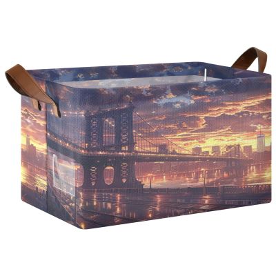 ALAZA Beautiful Bridge Sunset Rectangular Closet Storage Box Storage Bin Basket Storage Cube with Leather Handles Nursery Storage Laundry Hamper 2 Piece