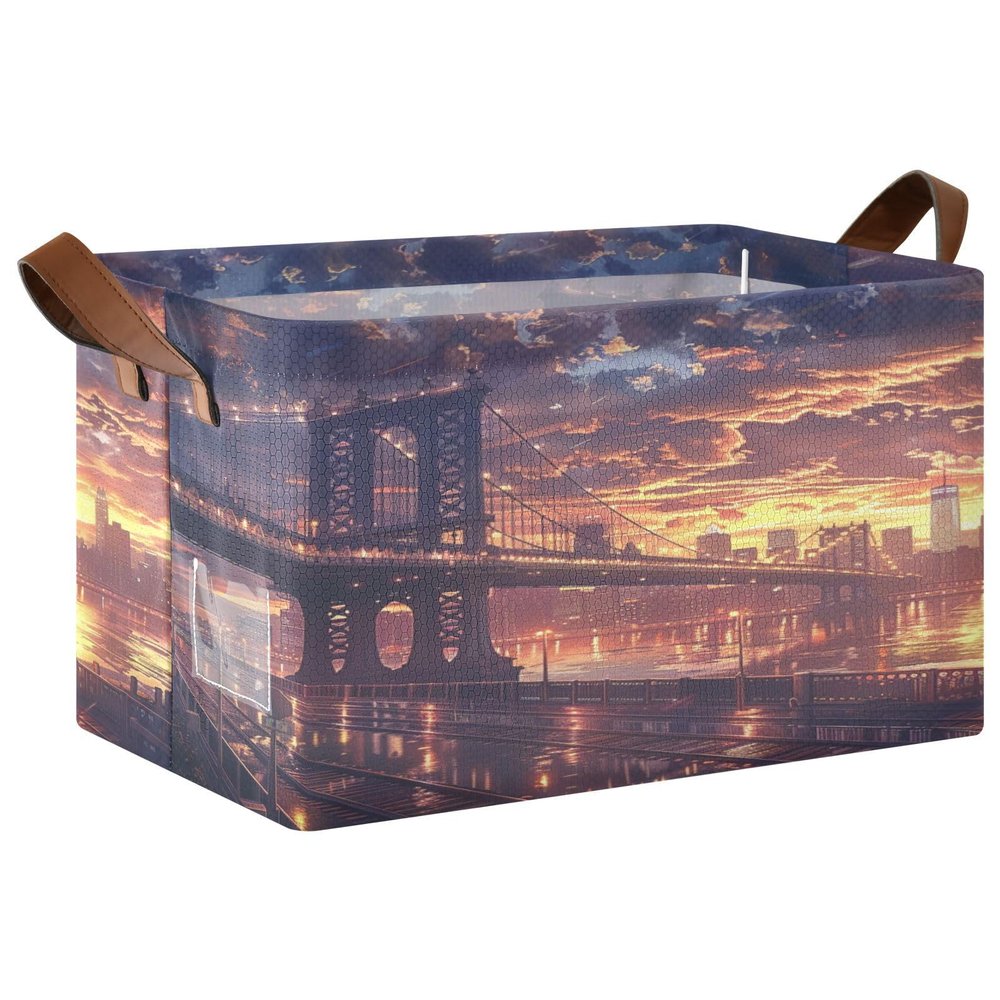 ALAZA Beautiful Bridge Sunset Rectangular Closet Storage Box Storage Bin Basket Storage Cube with Leather Handles Nursery Storage Laundry Hamper 2 Piece