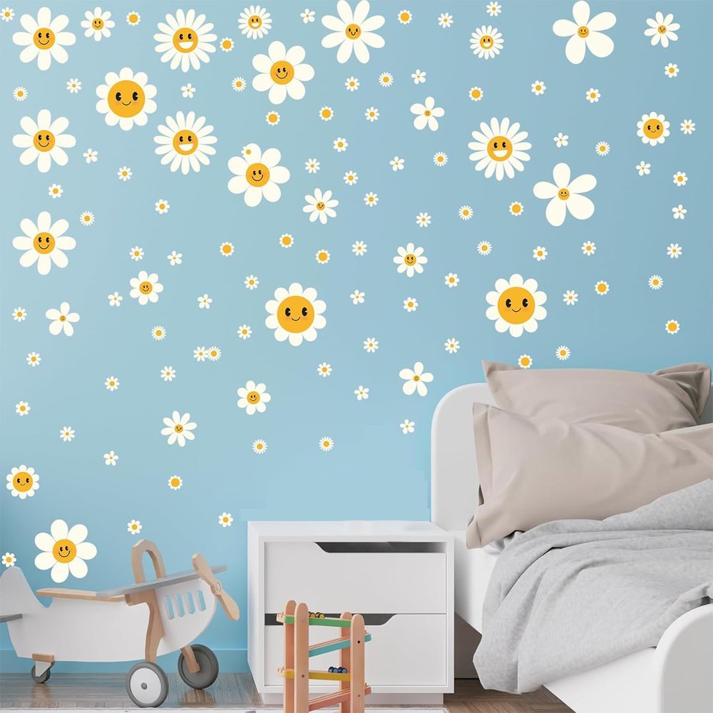 144PCS Large Daisy Wall Decals, Daisy Cute Flower Wall Stickers Vinyl Peel and Stick Floral Wall Decal Daisy Wall Decor for Nursery Playroom Bedroom Living Room Wall
