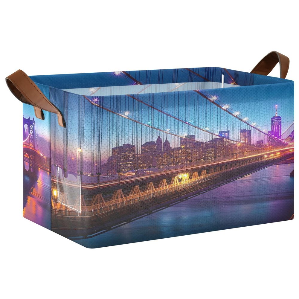 ALAZA Beautiful Bridge River Rectangular Closet Storage Box Storage Bin Basket Storage Cube with Leather Handles Nursery Storage Laundry Hamper 2 Piece