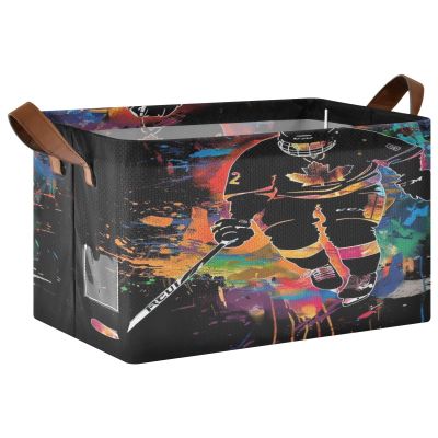 ALAZA Ice Hockey Player Black Rectangular Closet Storage Box Storage Bin Basket Storage Cube with Leather Handles Nursery Storage Laundry Hamper 1 Piece