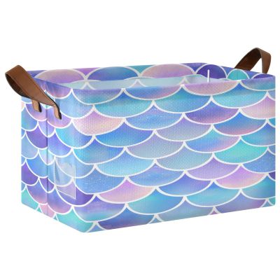 ALAZA Color Mermaid Fish Scale Rectangular Closet Storage Box Storage Bin Basket Storage Cube with Leather Handles Nursery Storage Laundry Hamper 2 Piece