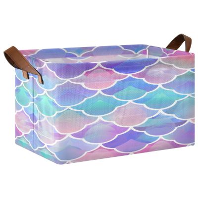 ALAZA Beautiful Mermaid Fish Scale Rectangular Closet Storage Box Storage Bin Basket Storage Cube with Leather Handles Nursery Storage Laundry Hamper 2 Piece