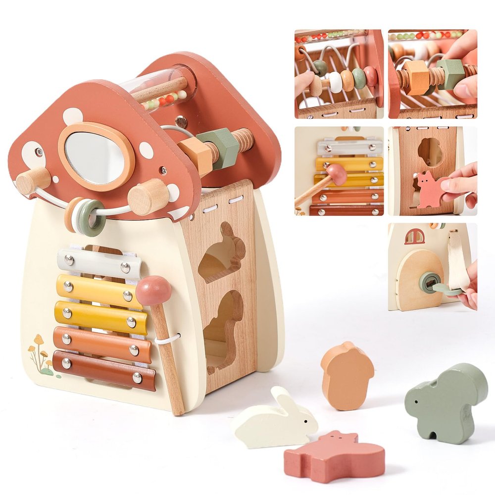 Youuys Wooden Activity Cube - 11-in-1 Montessori Toys for 1+ Year Old Boys & Girls, Multipurpose Educational Sensory Toys for Toddler, First Birthday Gift, Busy Board Toys for 18 Months (Mushroom)