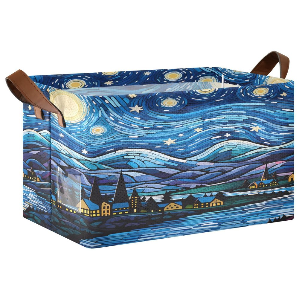 ALAZA Cartoon Oil Painting Rectangular Closet Storage Box Storage Bin Basket Storage Cube with Leather Handles Nursery Storage Laundry Hamper 2 Piece