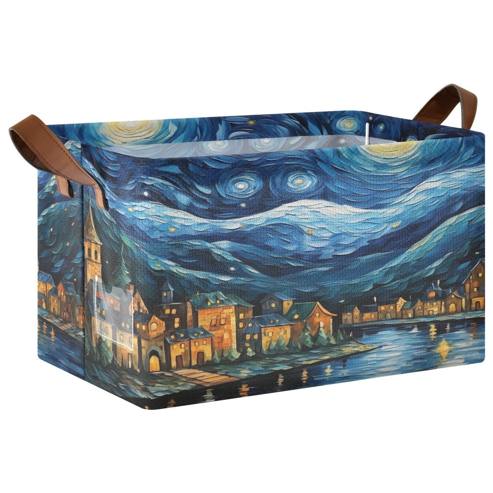 ALAZA Cityscape Village Rectangular Closet Storage Box Storage Bin Basket Storage Cube with Leather Handles Nursery Storage Laundry Hamper 2 Piece