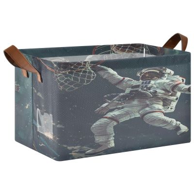 ALAZA Funny Astronaut Basketball Shot Stylish Rectangular Closet Storage Box Storage Bin Basket Storage Cube with Leather Handles Nursery Storage Laundry Hamper 2 Piece
