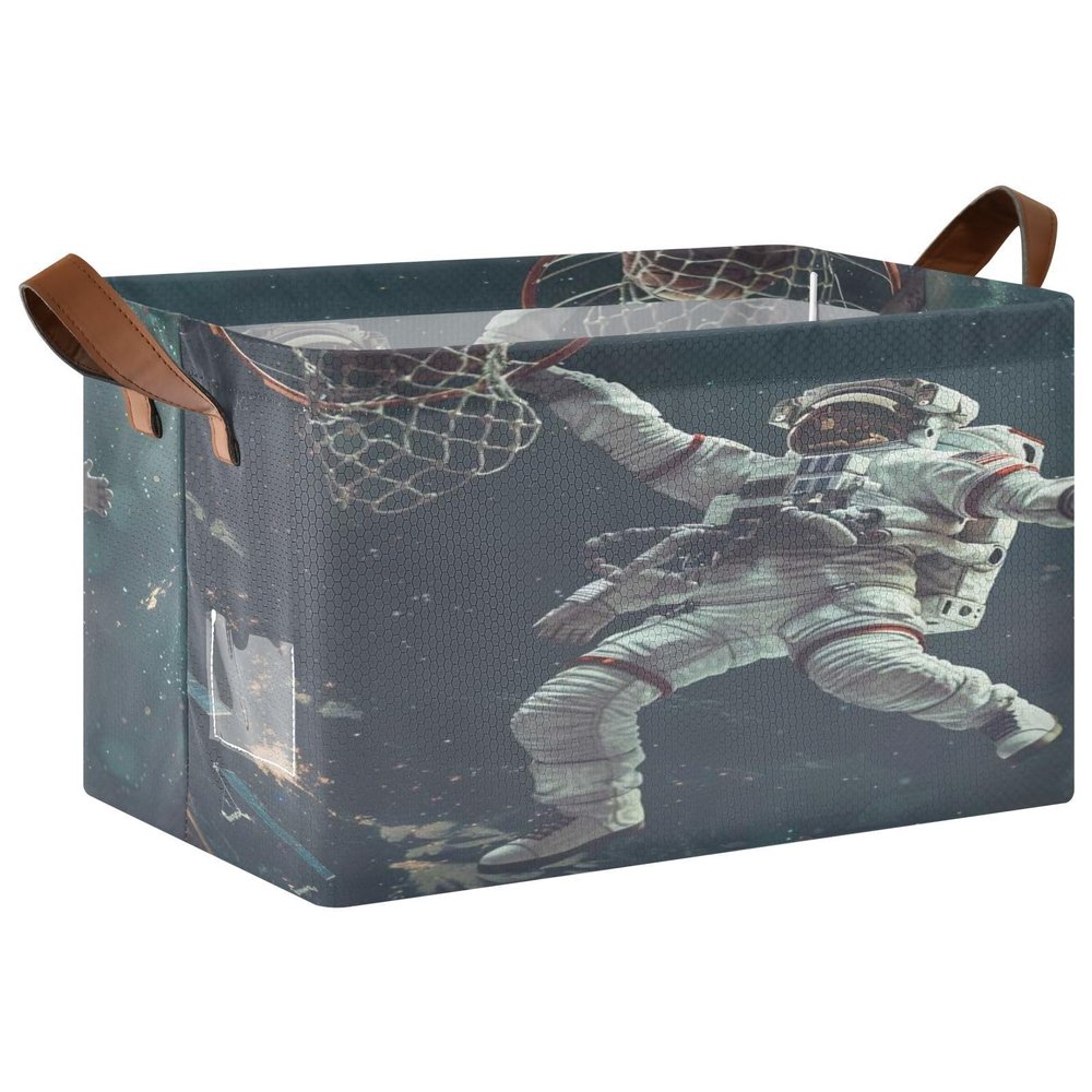 ALAZA Funny Astronaut Basketball Shot Stylish Rectangular Closet Storage Box Storage Bin Basket Storage Cube with Leather Handles Nursery Storage Laundry Hamper 2 Piece