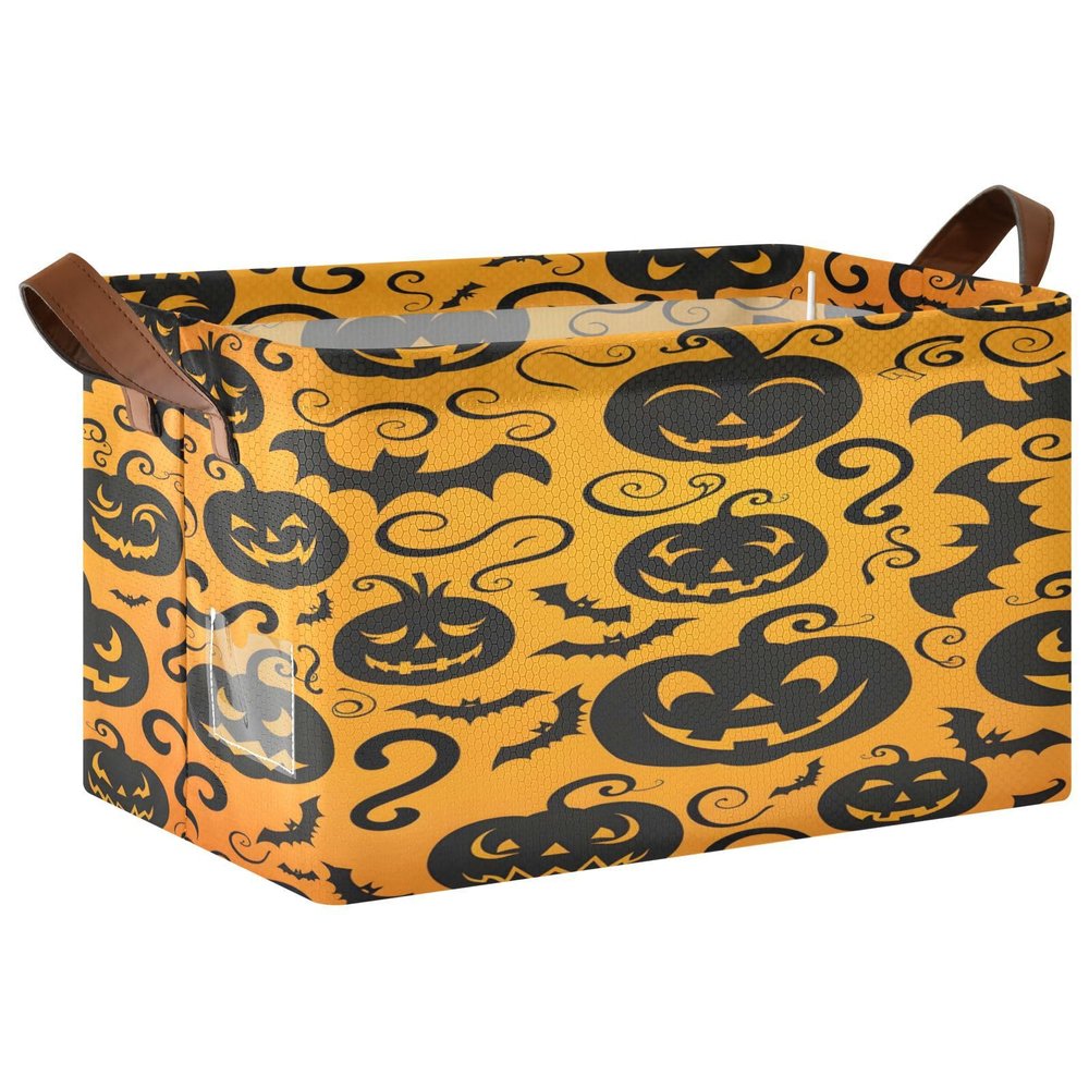 ALAZA Cute Bat Pumpkin Halloween Rectangular Closet Storage Box Storage Bin Basket Storage Cube with Leather Handles Nursery Storage Laundry Hamper 2 Piece