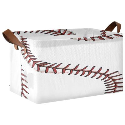 ALAZA Cute Liner Baseball White Rectangular Closet Storage Box Storage Bin Basket Storage Cube with Leather Handles Nursery Storage Laundry Hamper 2 Piece