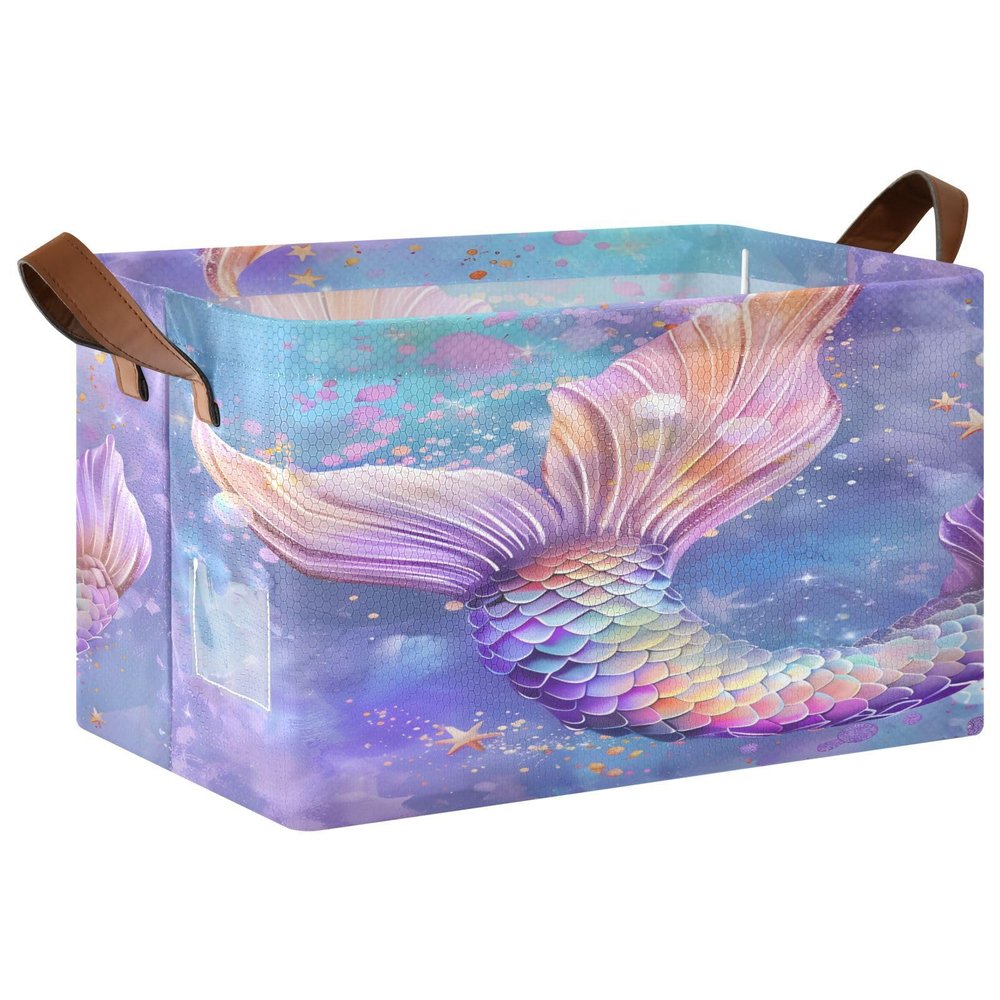 ALAZA 3D Mermaid Starfish Rectangular Closet Storage Box Storage Bin Basket Storage Cube with Leather Handles Nursery Storage Laundry Hamper 2 Piece