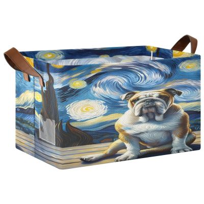 ALAZA Cute Bulldog Starry Rectangular Closet Storage Box Storage Bin Basket Storage Cube with Leather Handles Nursery Storage Laundry Hamper 2 Piece