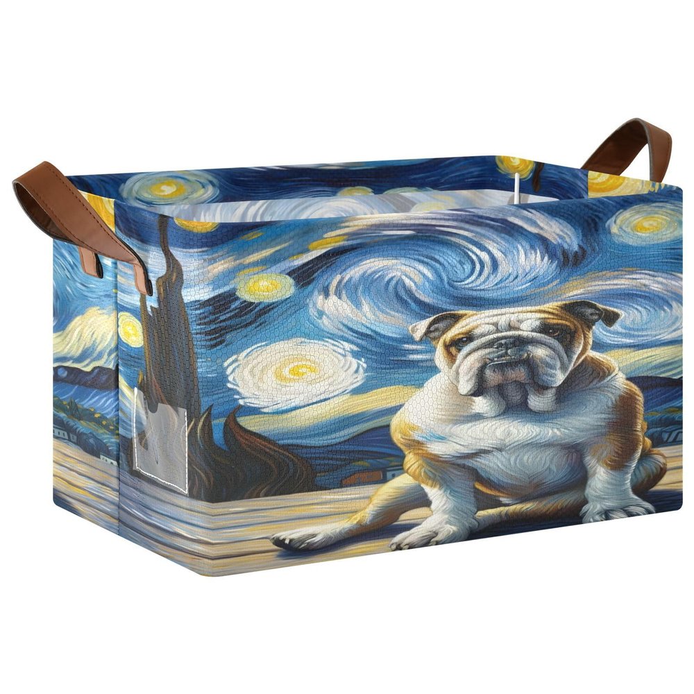 ALAZA Cute Bulldog Starry Rectangular Closet Storage Box Storage Bin Basket Storage Cube with Leather Handles Nursery Storage Laundry Hamper 2 Piece